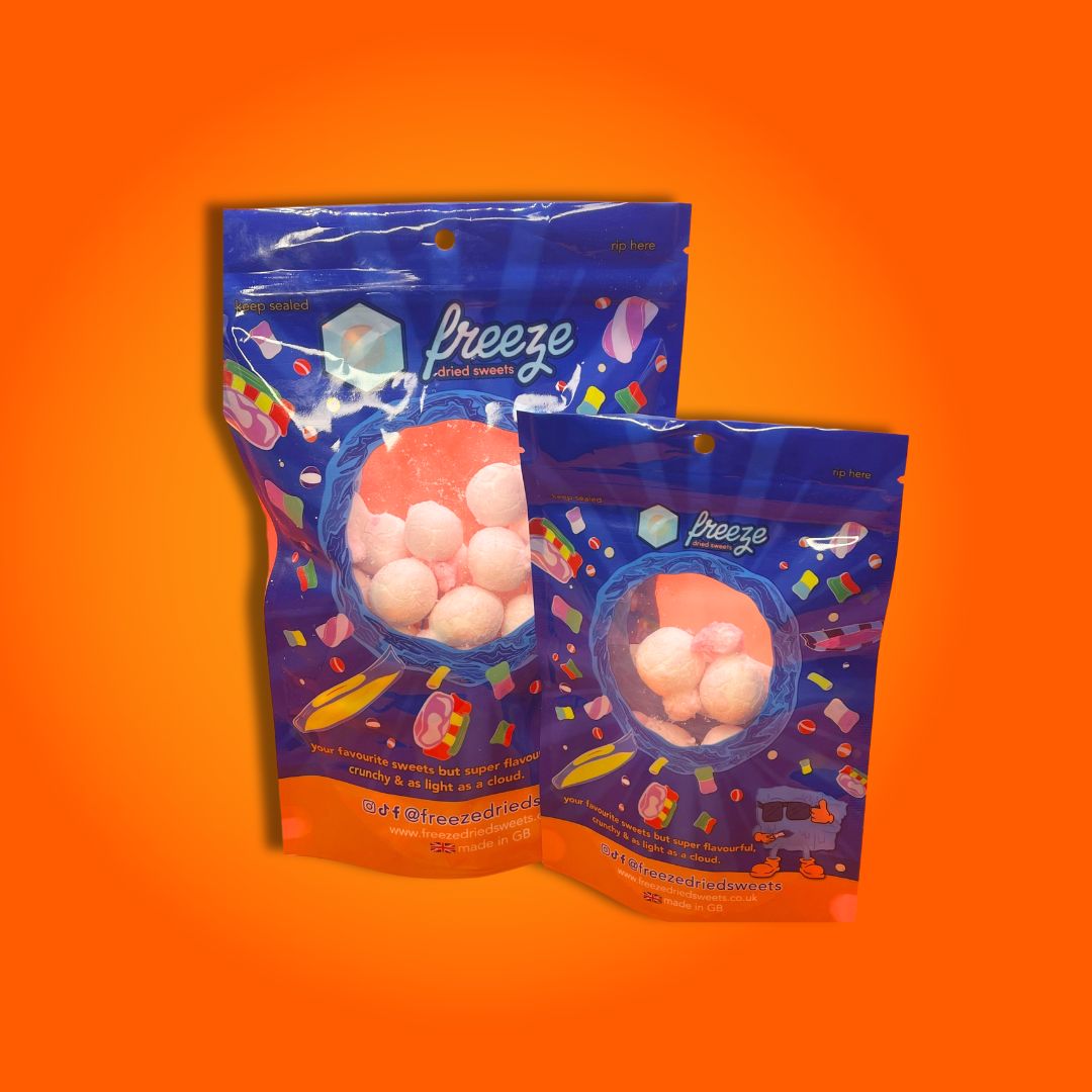 Chew Ems Strawberry Juicy Bites (Jelly filled Bon Bons) - Freeze Dried Sweets - Vegetarian, Halal, Vegan, Gluten & Dairy Free