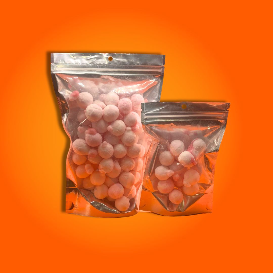 Chew Ems Strawberry Juicy Bites (Jelly filled Bon Bons) - Freeze Dried Sweets - Vegetarian, Halal, Vegan, Gluten & Dairy Free